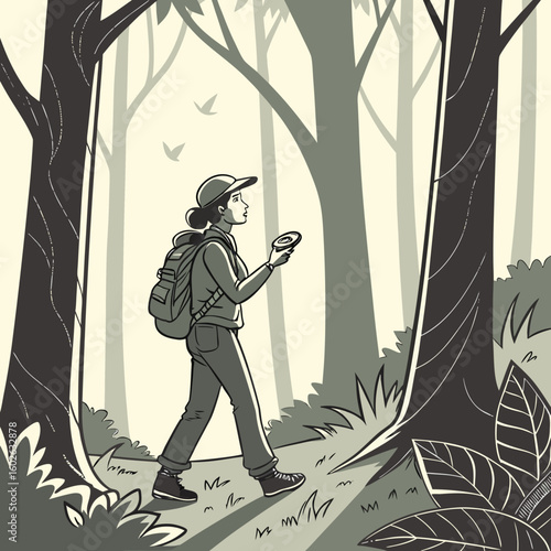 A woman with a backpack uses a compass while walking through a forest with tall trees in a grayscale image