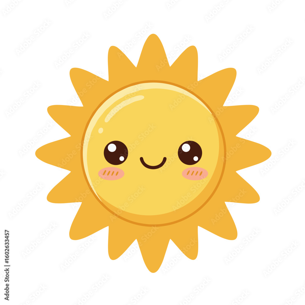 Obraz premium Cute smiling sun with rosy cheeks and bright yellow rays 