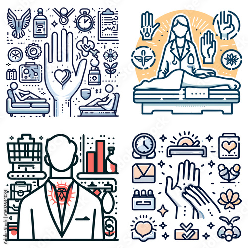 Patient learning hand exercises with healthcare symbols and icons  