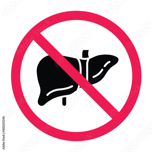 Liver organ prohibition sign, human anatomy flat vector clip art with forbidden icon