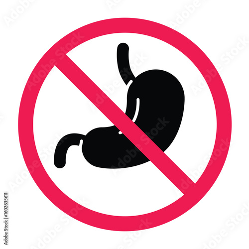 Stomach organ prohibition sign, human digestive system vector with forbidden symbol