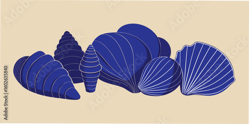 Abstract blue marine life forms illustration depicting shells and organic shapes suitable for artistic and decorative purposes.