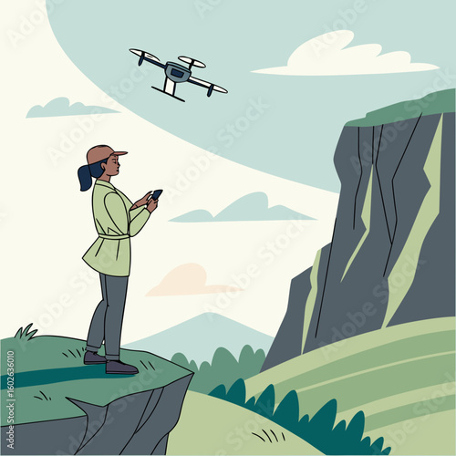 A woman operating a drone from a cliff edge overlooking a mountainous landscape with cloudy sky above it