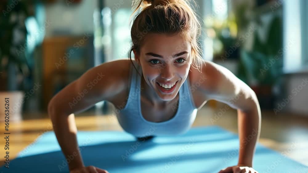 A woman focuses on strength training while doing push ups on a yoga mat in a well lit indoor environment during the morning A woman focuses on strength training while doing push ups on a yoga mat in a well lit indoor environment during the morning
