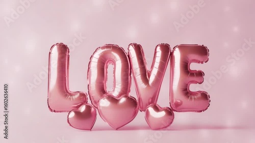 Pink love balloon decoration with shiny heart shapes creates romantic and joyful atmosphere on soft pink background, perfect for celebration, party, and expressing affection with festive decoration