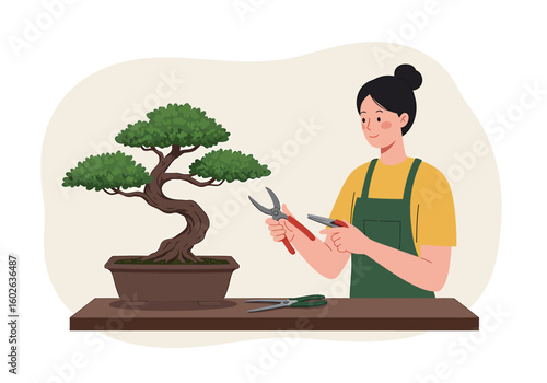 Woman meticulously prunes a bonsai tree, showcasing the art of bonsai cultivation.
