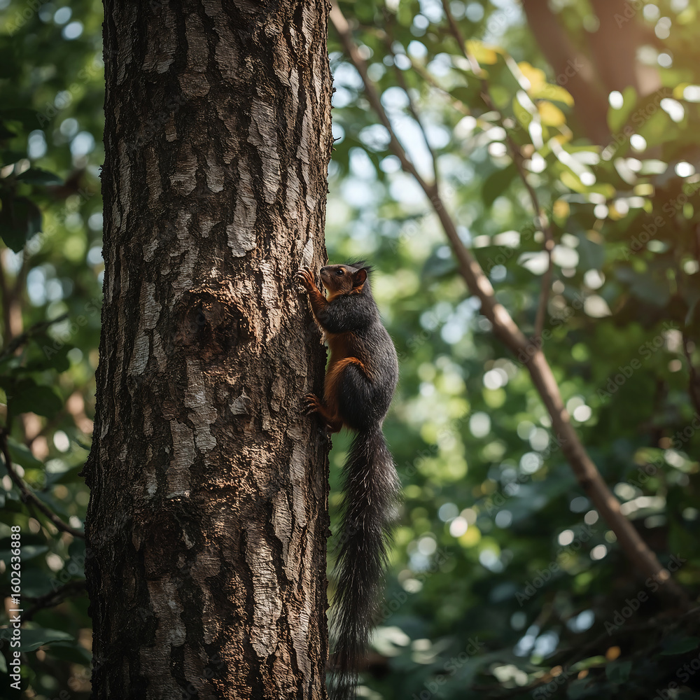 Obraz premium High-resolution photorealistic image of a Malabar giant squirrel on a tall tree in Pachmarhi Biosphere Reserve, surrounded by dense green canopy and soft sunlight with natural bokeh background.