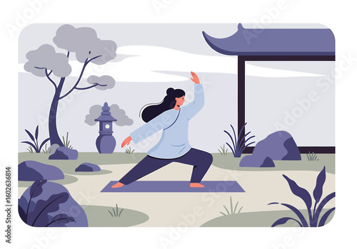 Woman practicing Tai Chi Chuan in a serene Asian garden.