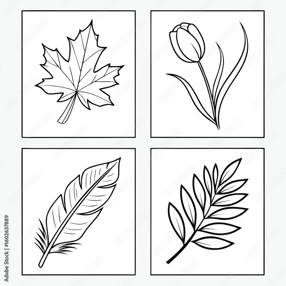 Obraz premium Four Stylized Black Line Art Leaf Silhouettes Maple Tulip Feather Branch