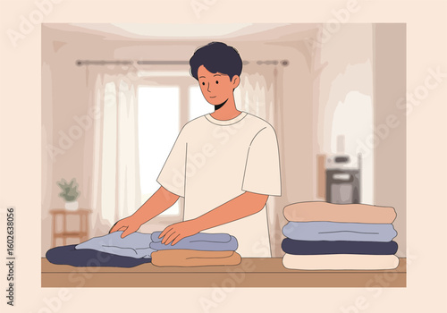 Young man carefully folding clean clothes into a neat pile at home.