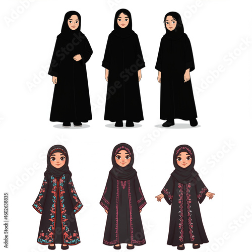 Two women wearing traditional black abayas and hijabs stand gracefully, showcasing cultural elegance and modesty.