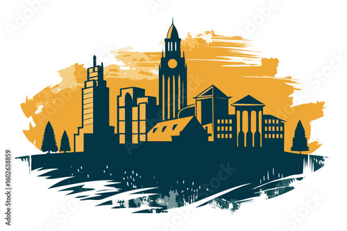 Captivating cityscape silhouette with modern architectural elements and artistic brushstroke background, evoking urban sophistication and creative energy for dynamic design projects