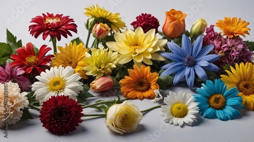 A vibrant collection of colorful flowers including daisies, roses, and gerberas, showcasing a cheerful arrangement.