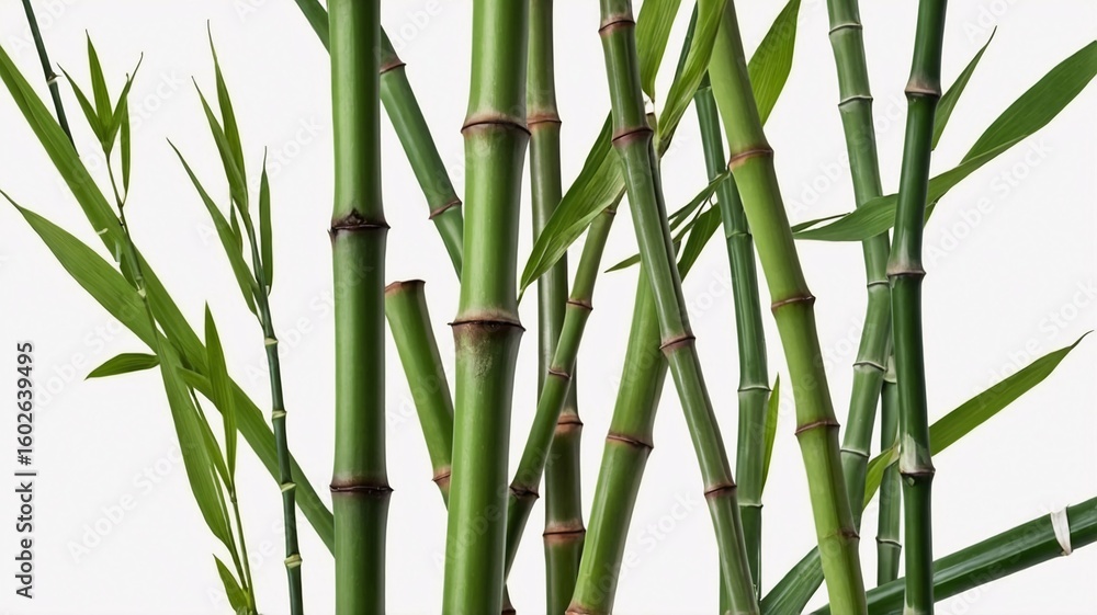 Obraz premium A serene arrangement of green bamboo stalks against a simple white background, highlighting their natural beauty and elegance.