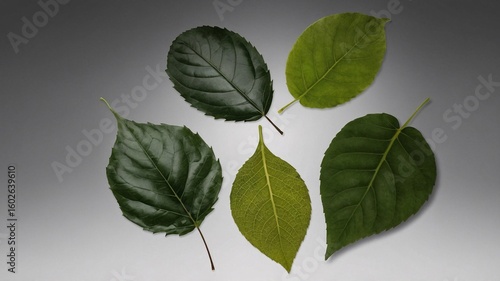A vibrant display of various green leaves showcasing different shapes and textures against a neutral background.