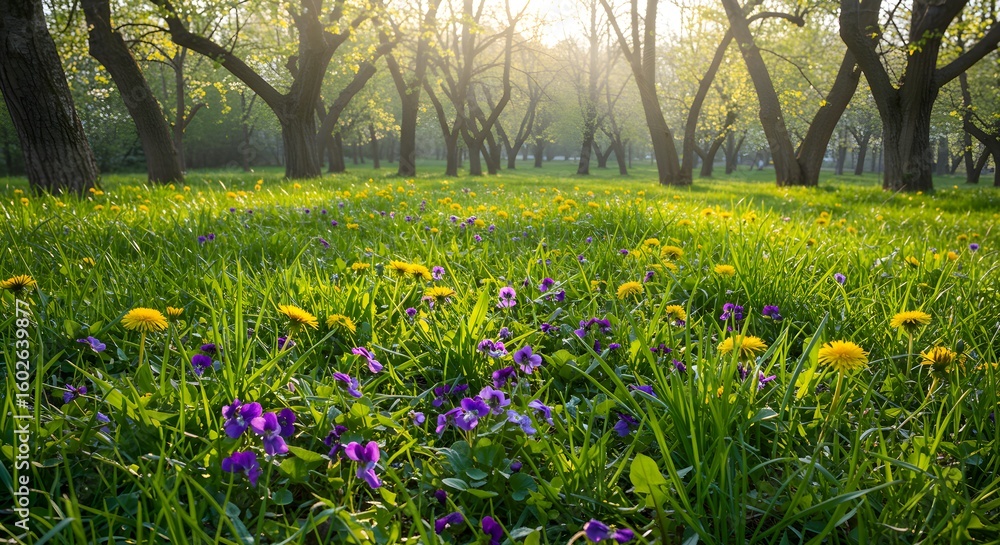 Obraz premium Spring meadow flowers under trees