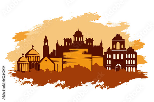 Captivating cityscape silhouette with historic architecture and artistic brushstroke background evoking a sense of timeless grandeur and cultural heritage for travel promotions and design.