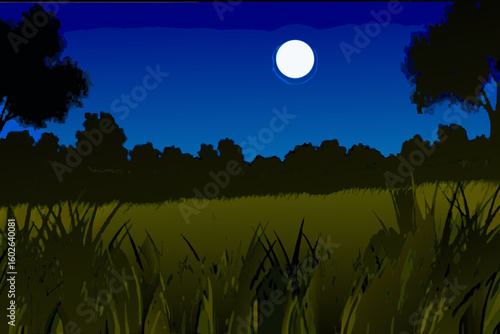 Serene Night Landscape with Full Moon Shining Over Field of Grass and Trees Silhouette