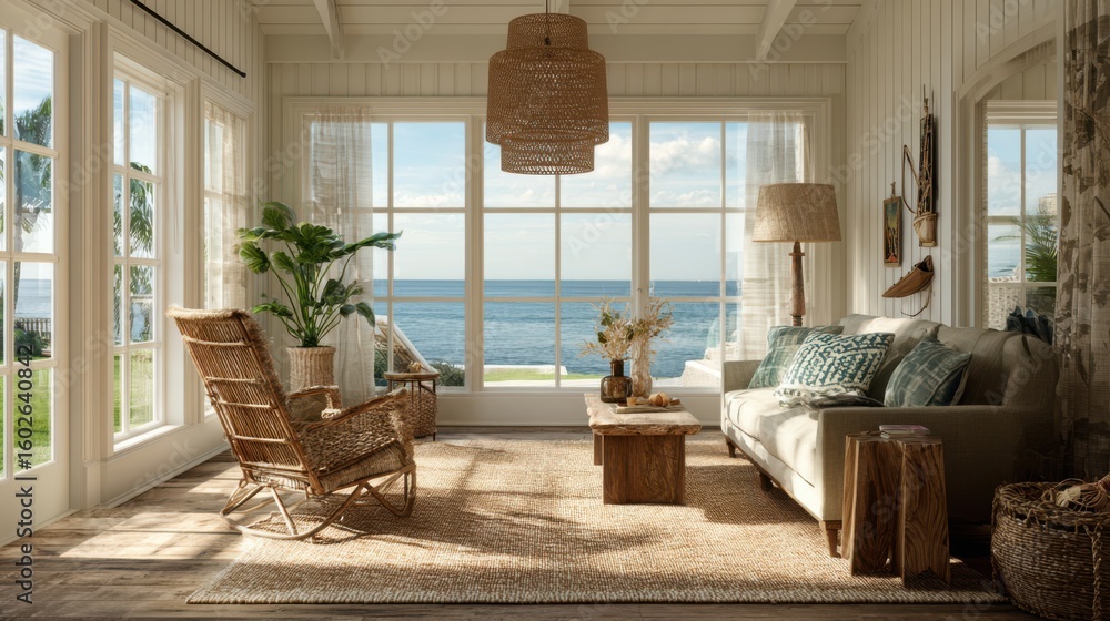 Fototapeta premium Cozy cottage living room with jute rug, rattan chair, and wicker pendant lamp. Warm sunlight pours through huge ocean-view windows. Nautical-themed decor completes the vibe.