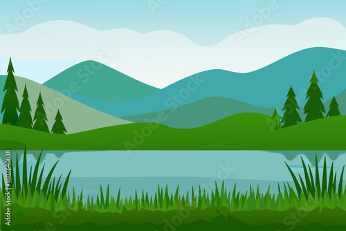 Scenic landscape illustration of mountains lake trees and grass in a flat design style vector