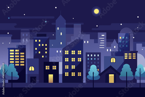 Stylized cityscape at night with illuminated windows and a bright moon creating a serene urban atmosphere perfect for modern design projects and city life themes