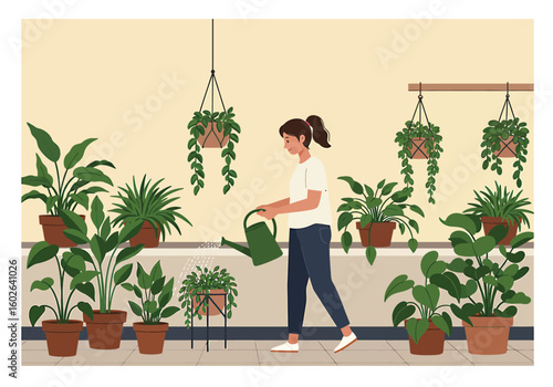 Woman watering plants in a greenhouse filled with various houseplants.