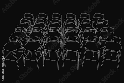 A large group of identical white chairs arranged in a perfect circle on a stark black background. The clean contour of each chair creates a striking geometric pattern.