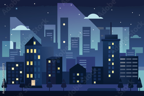 Captivating night cityscape with glowing windows and scattered stars evokes a serene urban ambiance perfect for modern design projects and illustrating city life after dark.