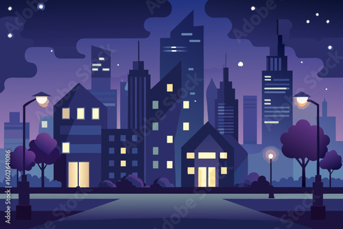 Experience the magic of a vibrant cityscape at night, with glowing windows and streetlights illuminating the urban landscape under a starry sky, perfect for modern design projects.