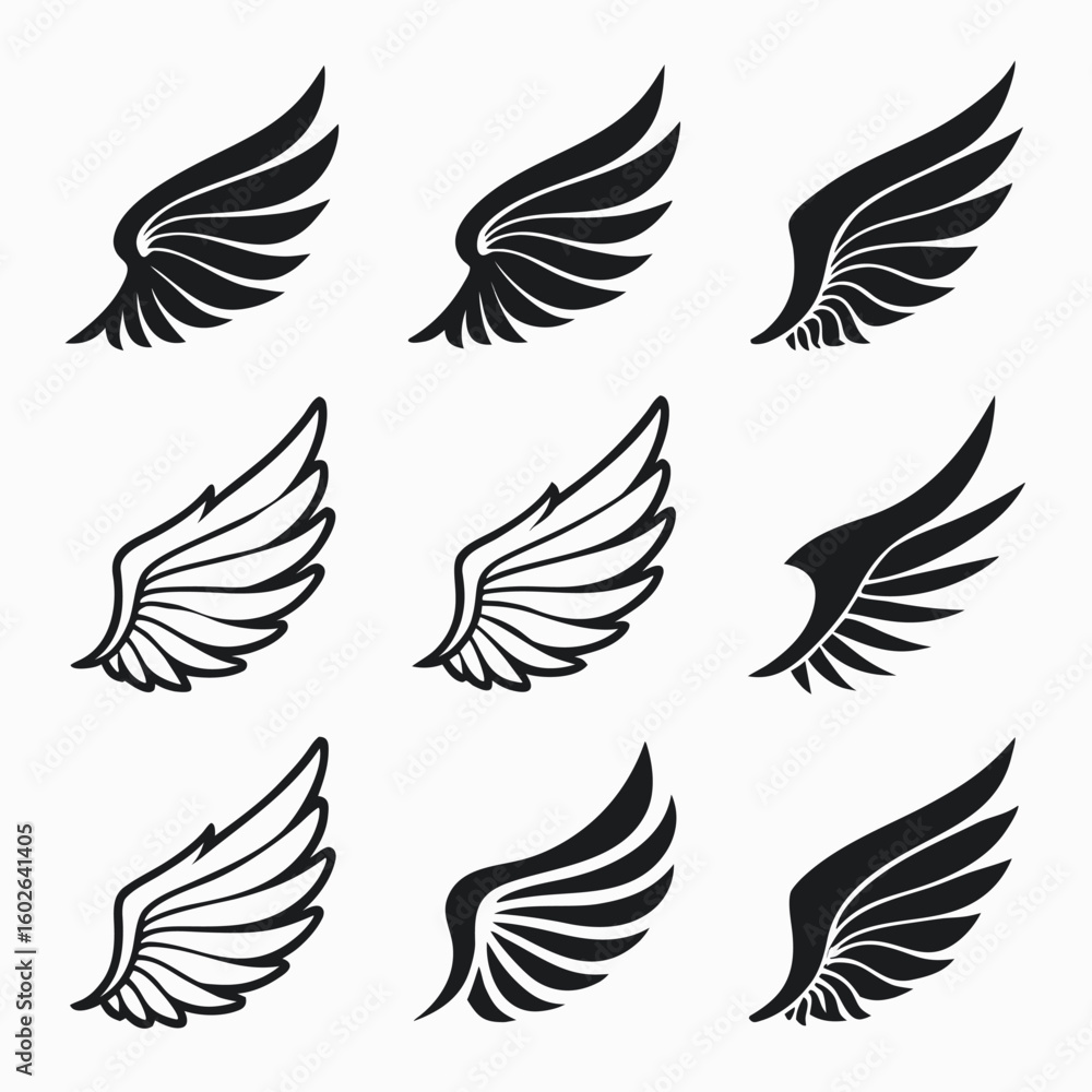 Fototapeta premium Twelve Stylized Minimalist Black and White Wings Set 1