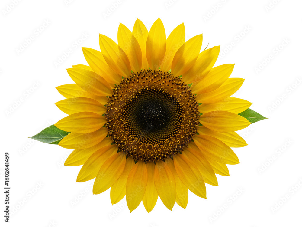 Fototapeta premium Close up of a bright yellow sunflower with detailed petals and center isolated on transparent background