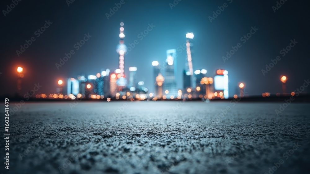Obraz premium Urban cityscape at night seen from street level.