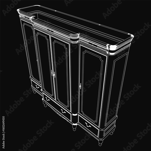 A sleek black and white cabinet with three slightly ajar doors reveals a glimpse of its interior. The modern design features a glossy finish and clean contour lines.