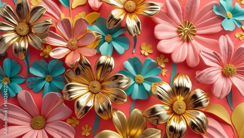 Artistic Arrangement of Glossy Metallic and Matte Pastel Blossoms Creating a Cheerful Floral Pattern

