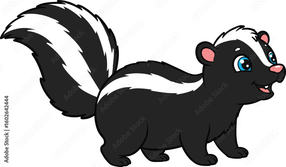 Fototapeta premium Adorable cartoon skunk character with fluffy tail and white stripe, perfect for kids’ books, posters, and educational illustrations