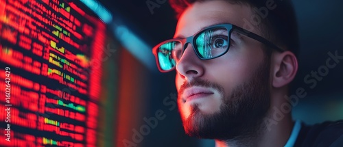 Wallpaper Mural A focused man with glasses analyzes colorful code reflected on his lenses in a dimly lit room. Torontodigital.ca