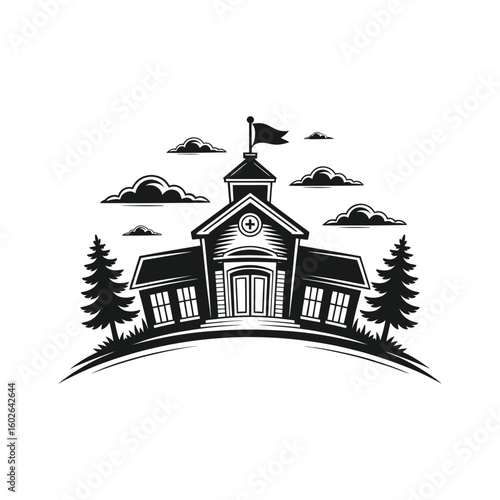 Classic schoolhouse building with trees and clouds architecture vintage