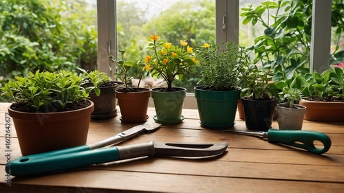 A peaceful indoor gardening scene with various potted plants and gardening tools on a wooden table.