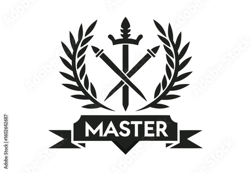 Elegant Master Achievement Symbol Featuring Laurel Wreath Sword and Ribbon Banner in Black and White Design Illustration