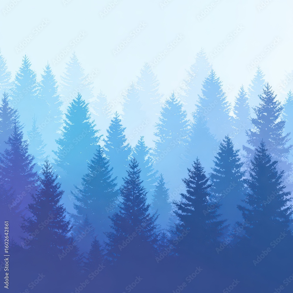 Fototapeta premium Misty forest scene with blue toned trees.