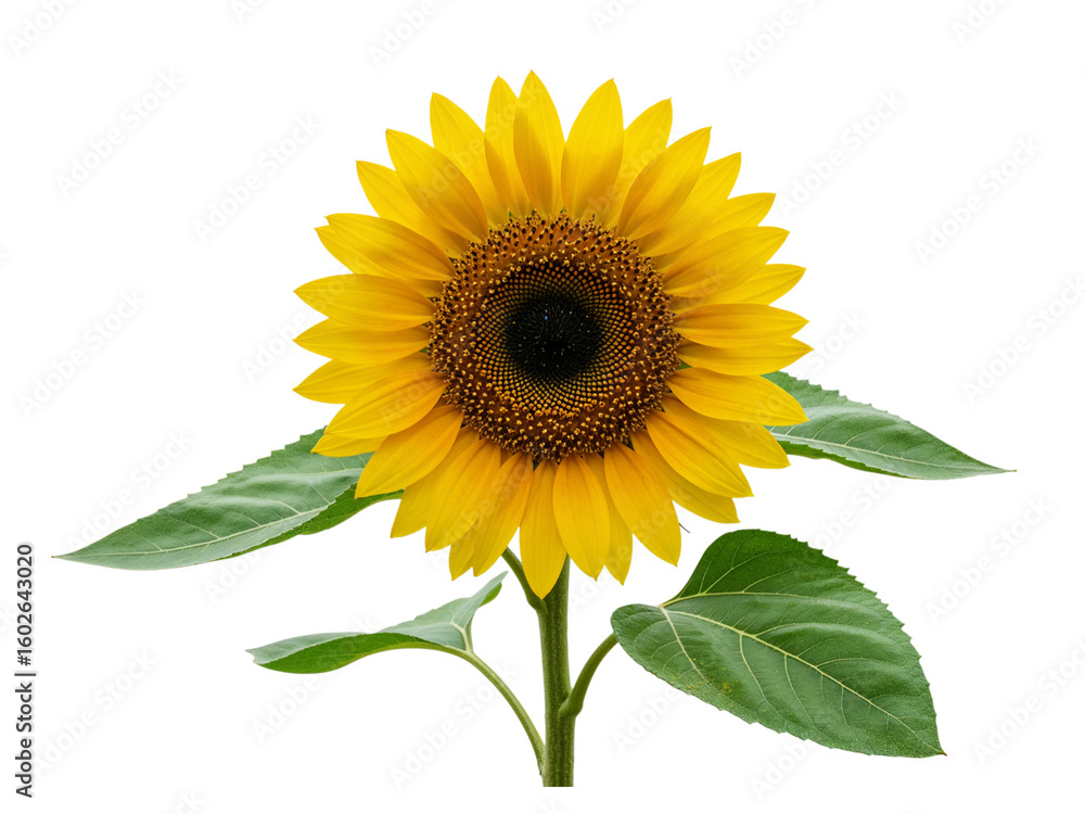 Obraz premium A vibrant yellow sunflower with green leaves and a dark center isolated on transparent background