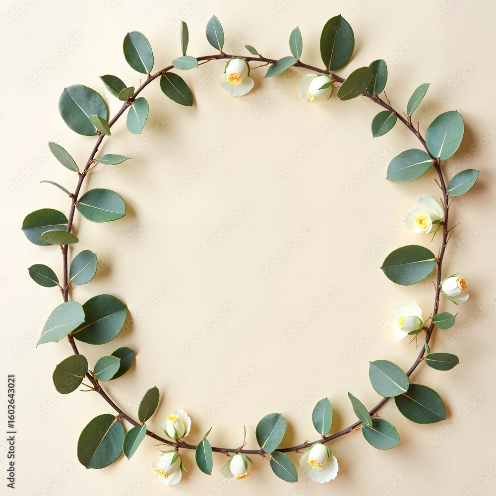 Fototapeta premium Floral circular wreath with eucalyptus leaves and white flowers 