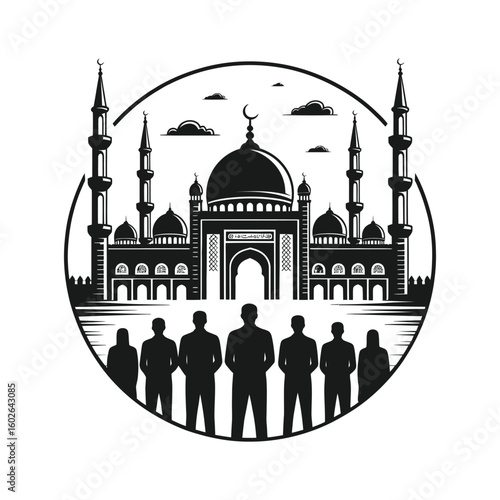 Islamic mosque with crescent moon and worshippers Islamic architecture minarets