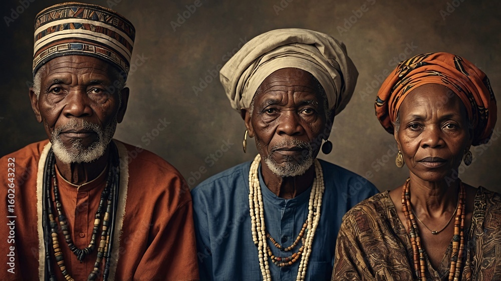 Naklejka premium Three elderly individuals, showcasing rich cultural heritage through traditional attire and jewelry.