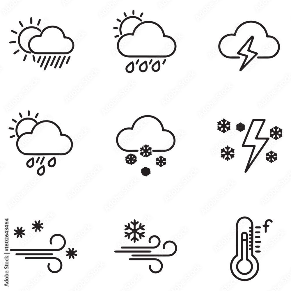 Fototapeta premium Simple black and white weather icon set representing various weather conditions and temperature