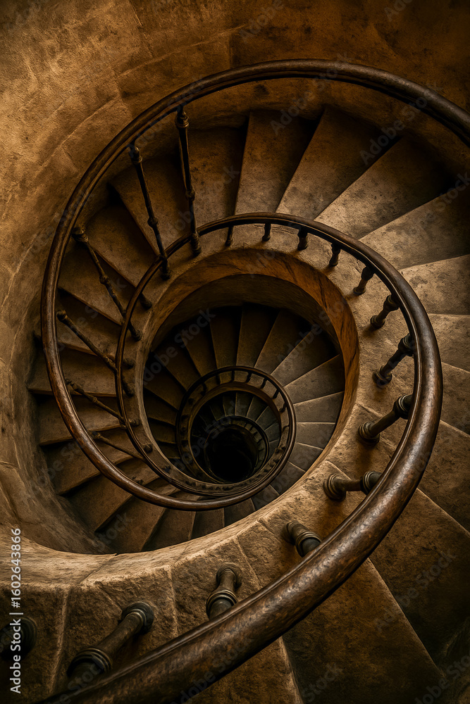 Fototapeta premium Spiral staircase with elegant railings captured from above