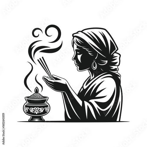 Woman holding incense sticks over burning pot with smoke vector