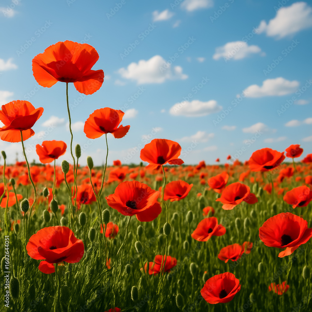Naklejka premium Vibrant field of blooming red poppies under blue sky