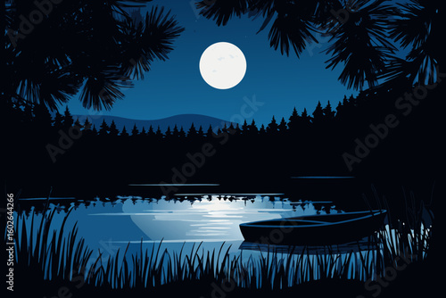 Serene Night Landscape with Full Moon Lake Boat and Forest Silhouette Illustration