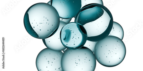 Cosmetics green serum liquid bubbles 3d on transparent background. Cosmetic moisturizer essence gel. Collagen fluid bubble molecule. Moisturizing cream or oil, beauty skin concept